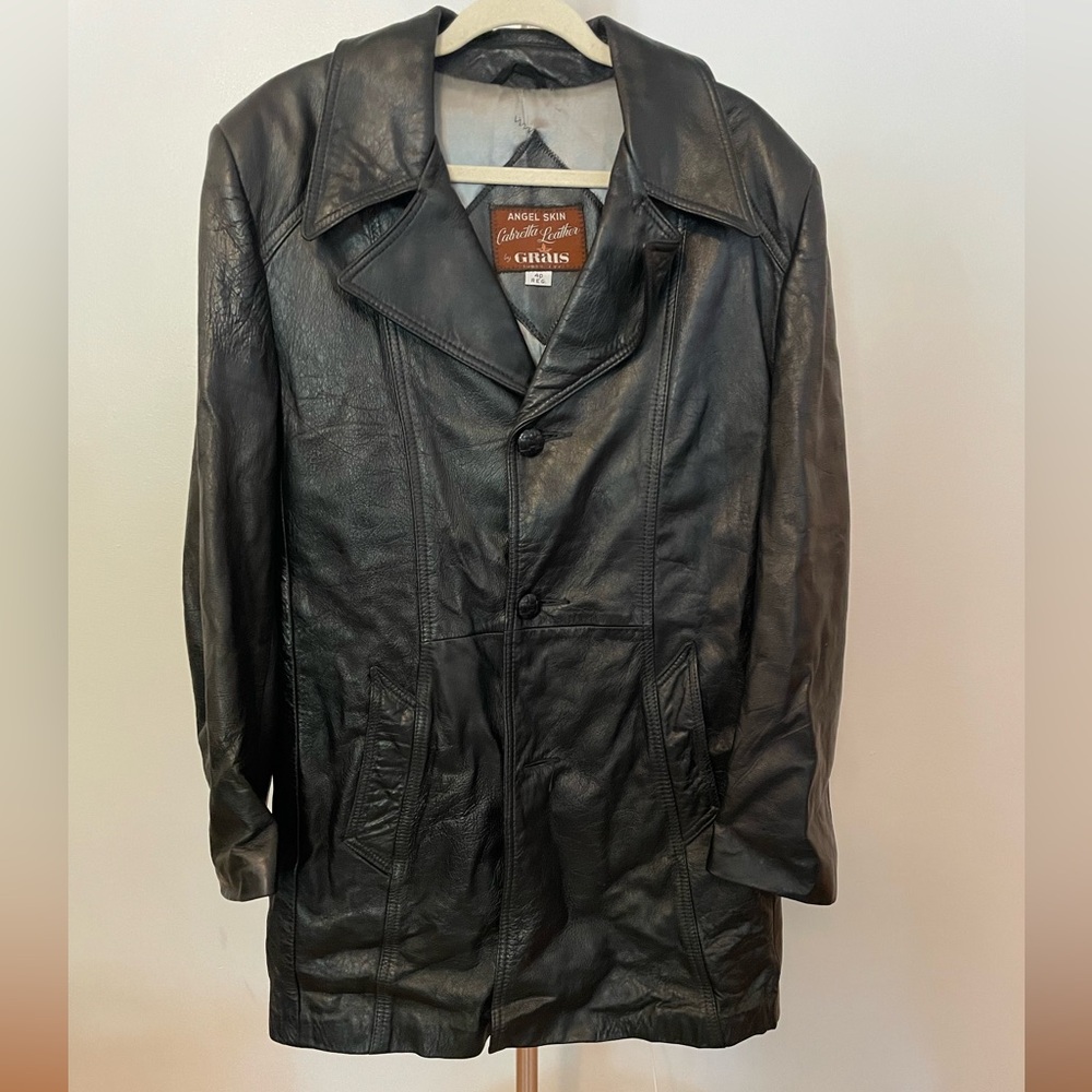 Vintage Grais Cabretta Angel Skin Men’s 40R black long leather jacket
